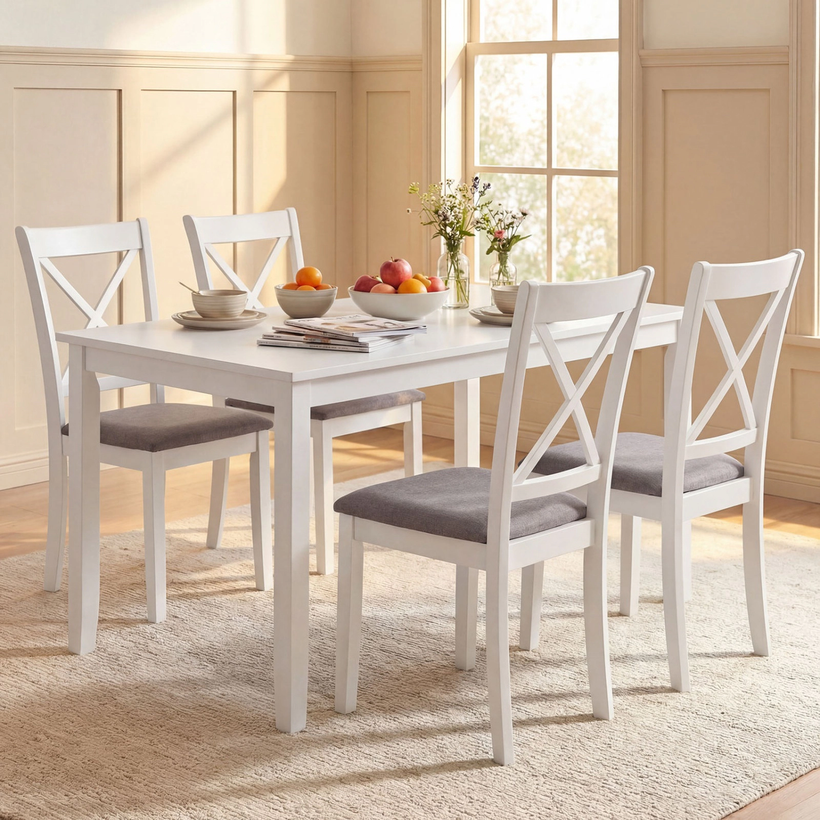 SUGIFT Breathable Hollow-Back Dining Chairs 330-lb Capacity White & Gray with Padded Linen Seat