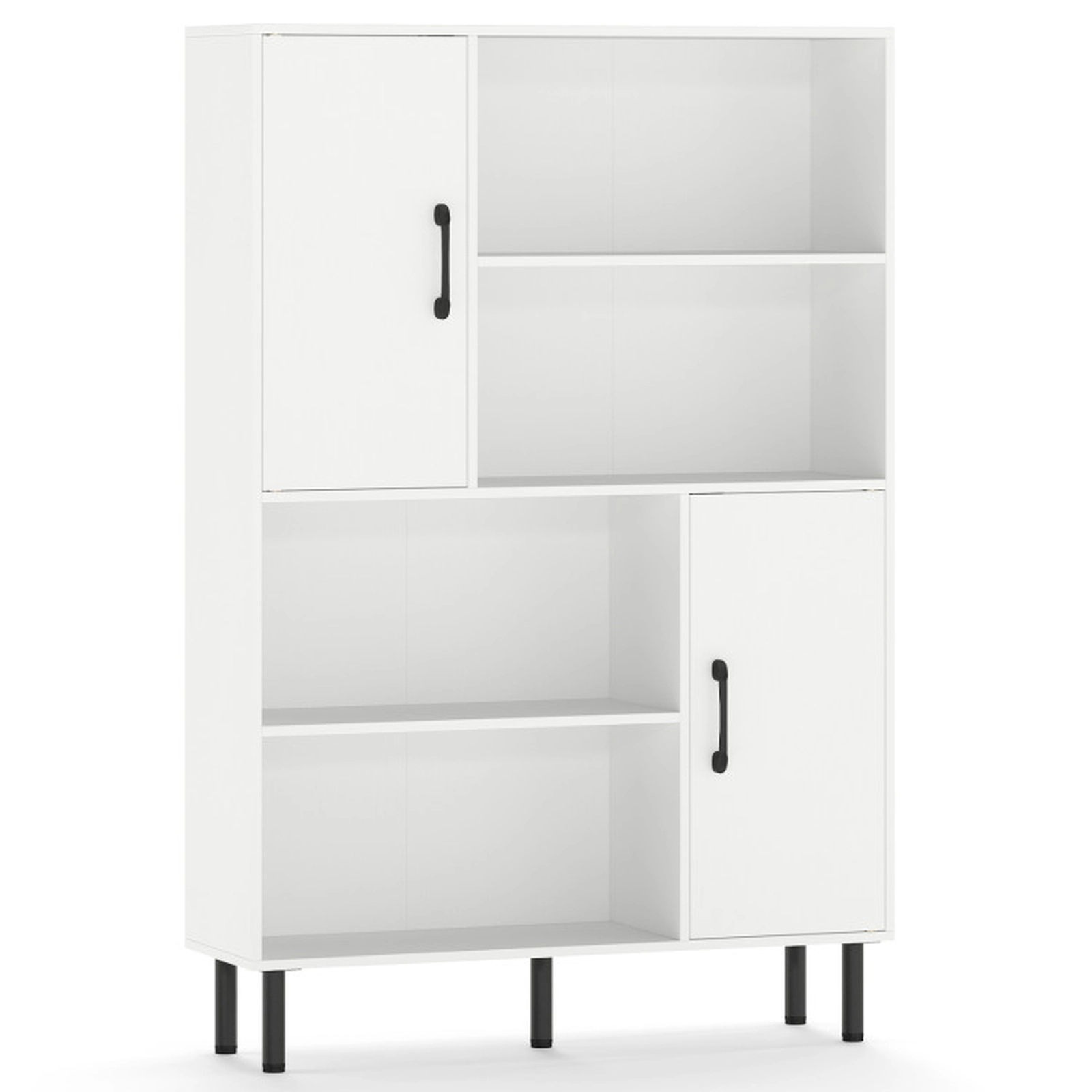 SUGIFT White 47-in Narrow Freestanding Bookshelf with 2 Doors 4 Open Shelves and Metal Legs for Study