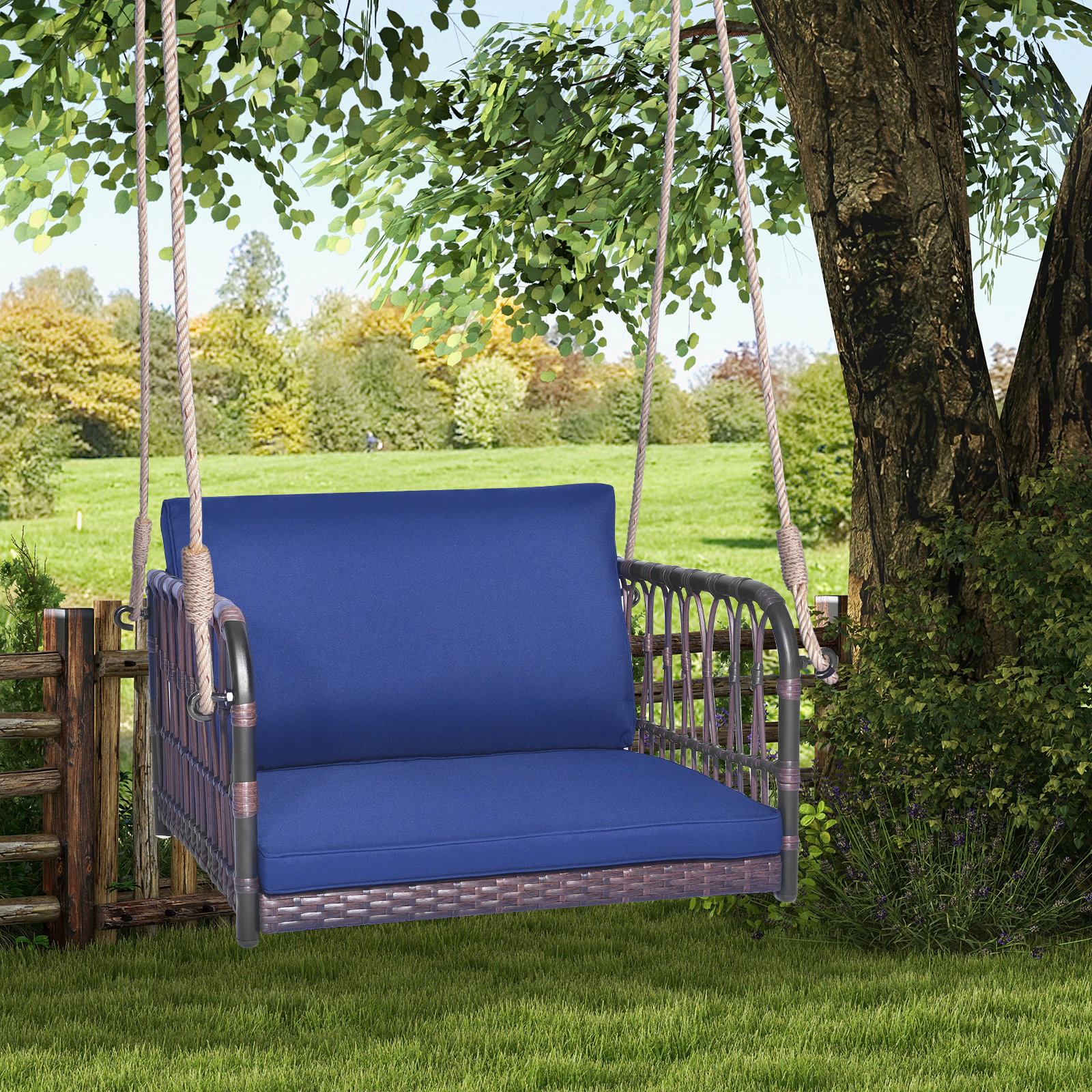 SUGIFT Single Person Hanging Swing Seat with Seat and Back Cushions 400-Lb Capacity Navy Mix Brown