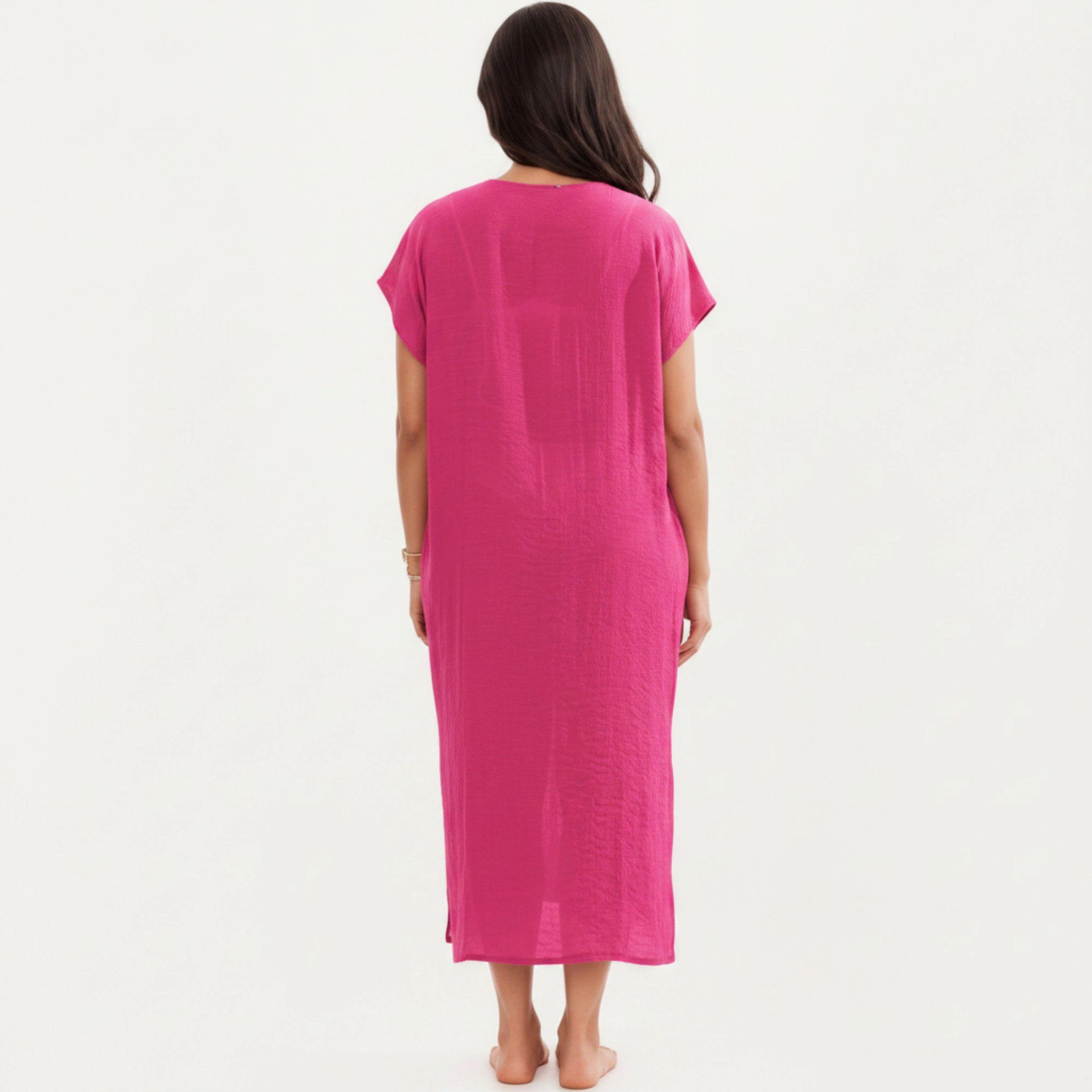 Anna-Kaci Women's Maxi Swim Cover Up Dress with Crochet Trim V Neck Short Sleeves Relaxed Lightweight Fit