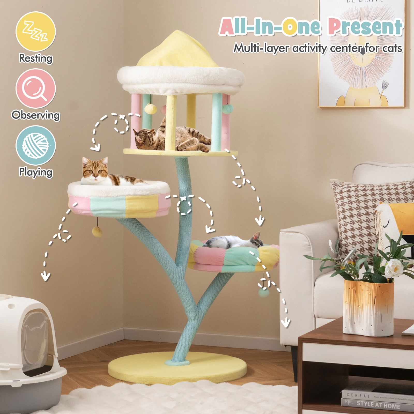 SUGIFT Multi-Layer Cat Tree with 2 Removable Perches Faux Rabbit Fur and Scratching Posts