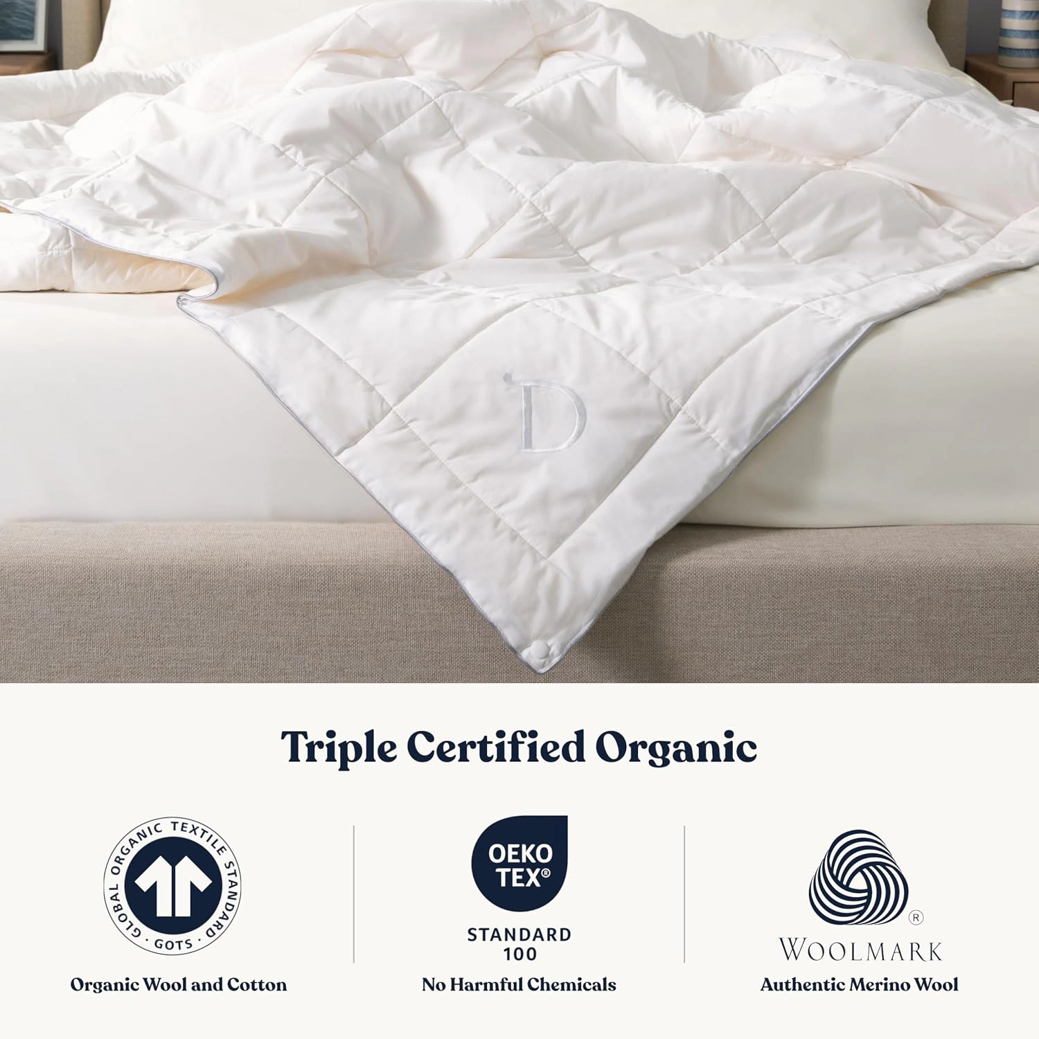 Delara Organic Merino Wool All-Season Comforter 500 GSM 400TC Cotton Shell OEKO-TEX & Woolmark Certified