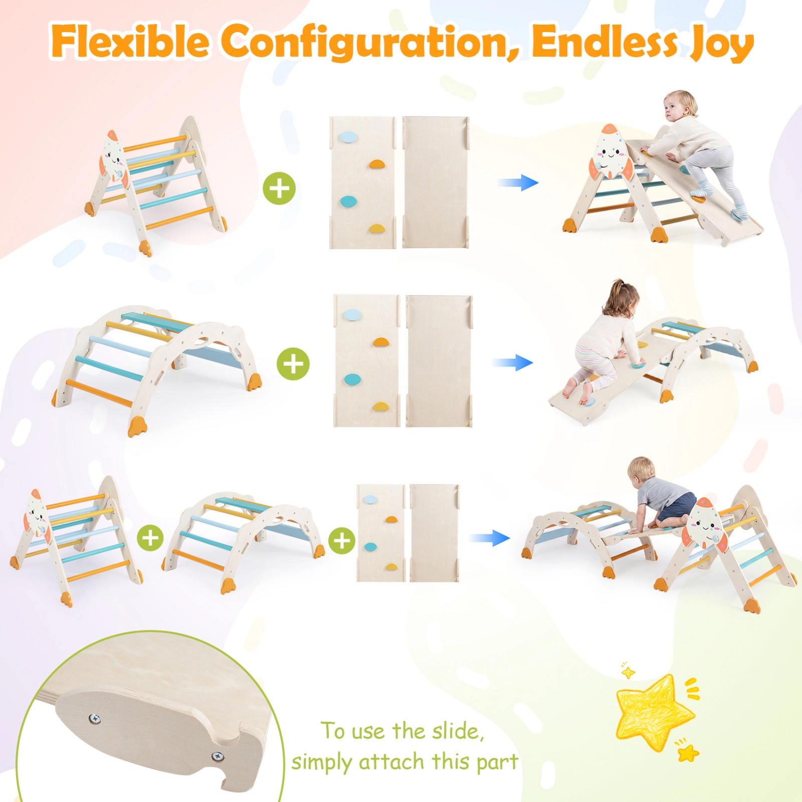 SUGIFT Macaron Rocket Themed Foldable Kids Climber with Triangle Arch and Balance Bridge 34-in W 19-in D 31.5-in H