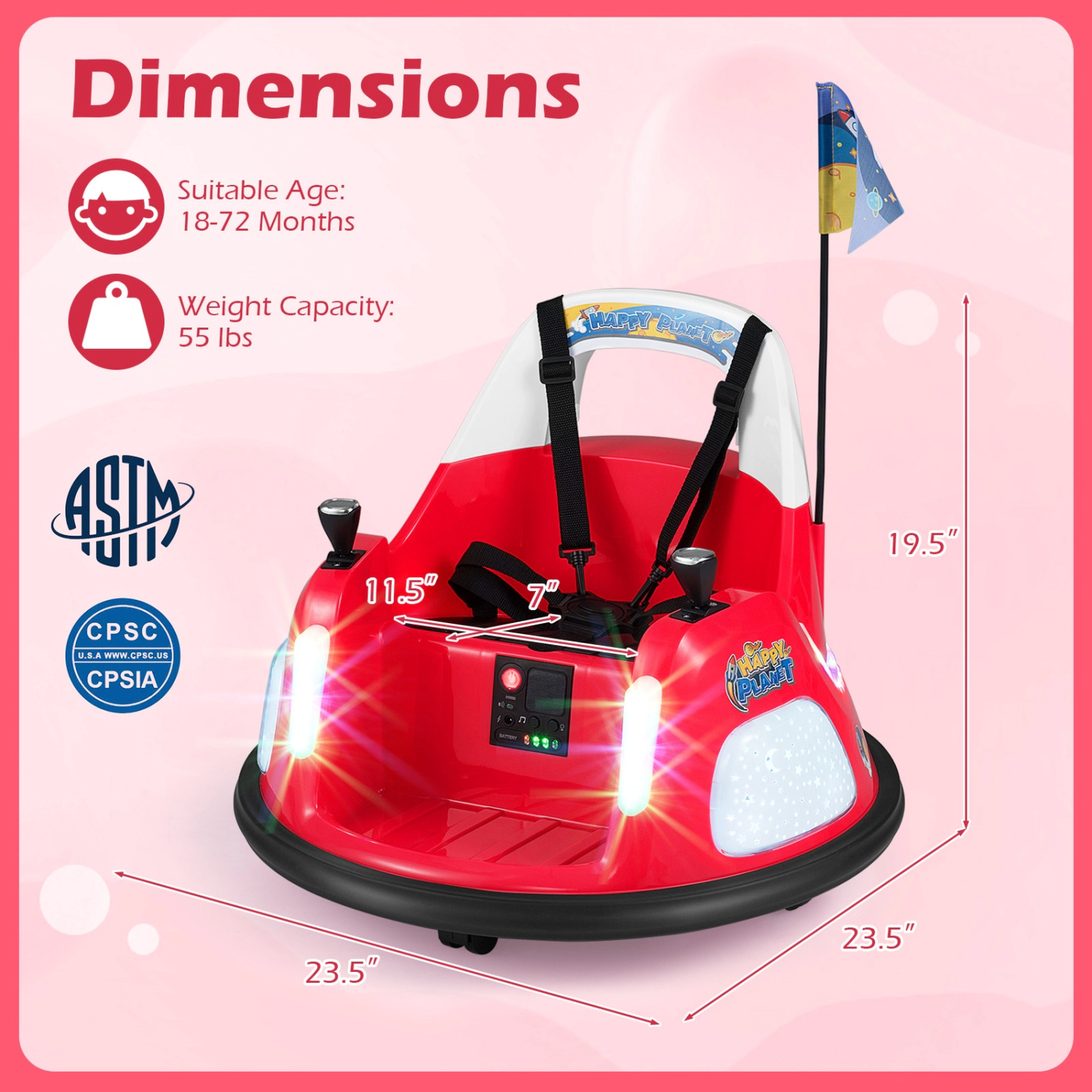 SUGIFT Red Remote Control 360 Degree Spin and Flashing Lights Kids 12V Ride On Bumper Car