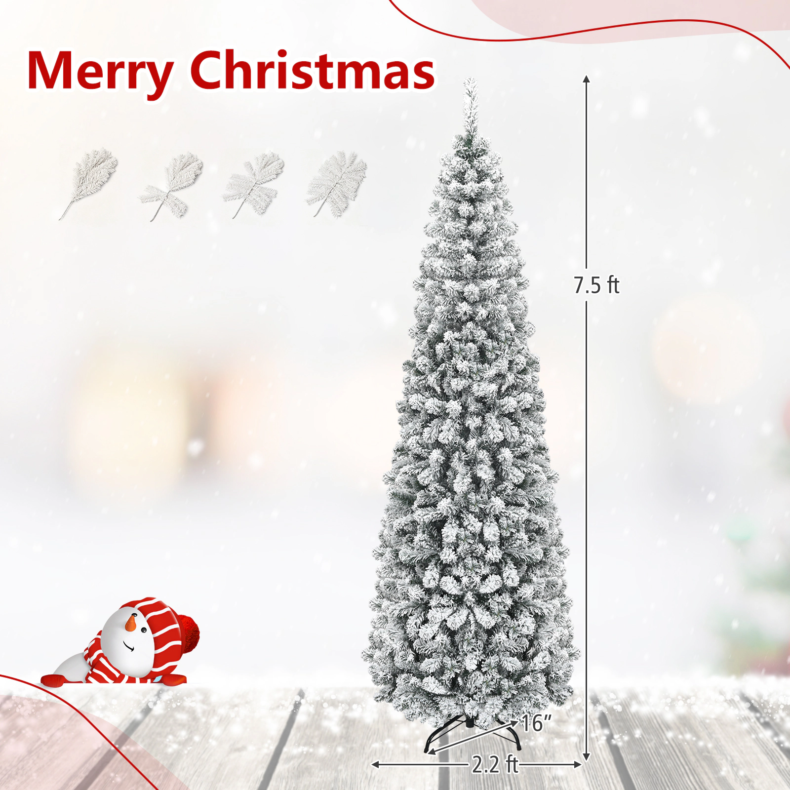 Costway 6 FT Unlit Flocked Pencil Christmas Tree Hinged with 500 Branch Tips