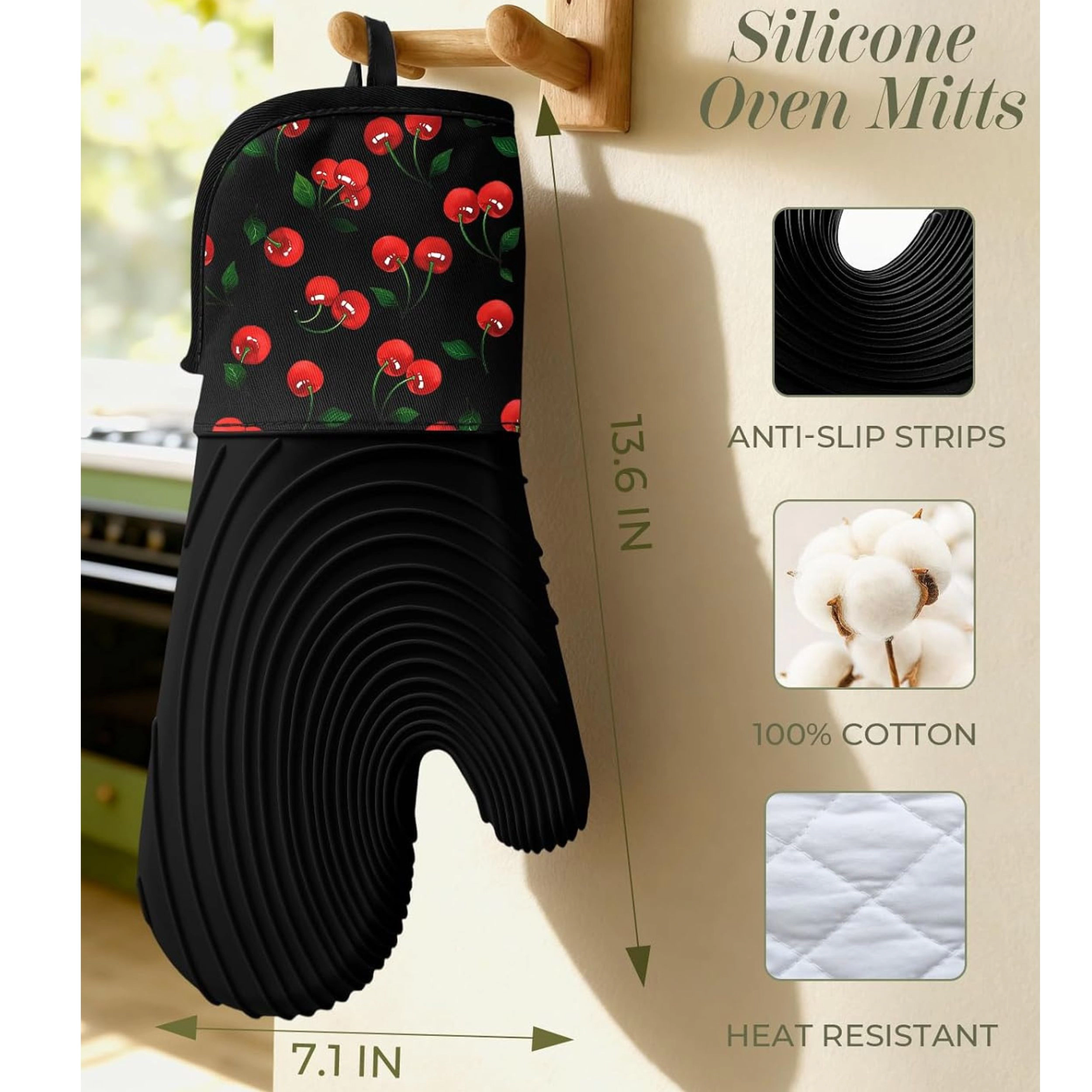 Stock Preferred Pack of 2 Long Silicone Oven Mitts with Cotton Lining and Nonslip Grip