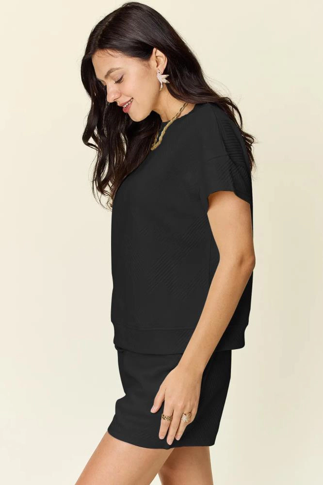 TRUEDAMES Women Full Size Texture Short Sleeve T-Shirt and Drawstring Shorts Set