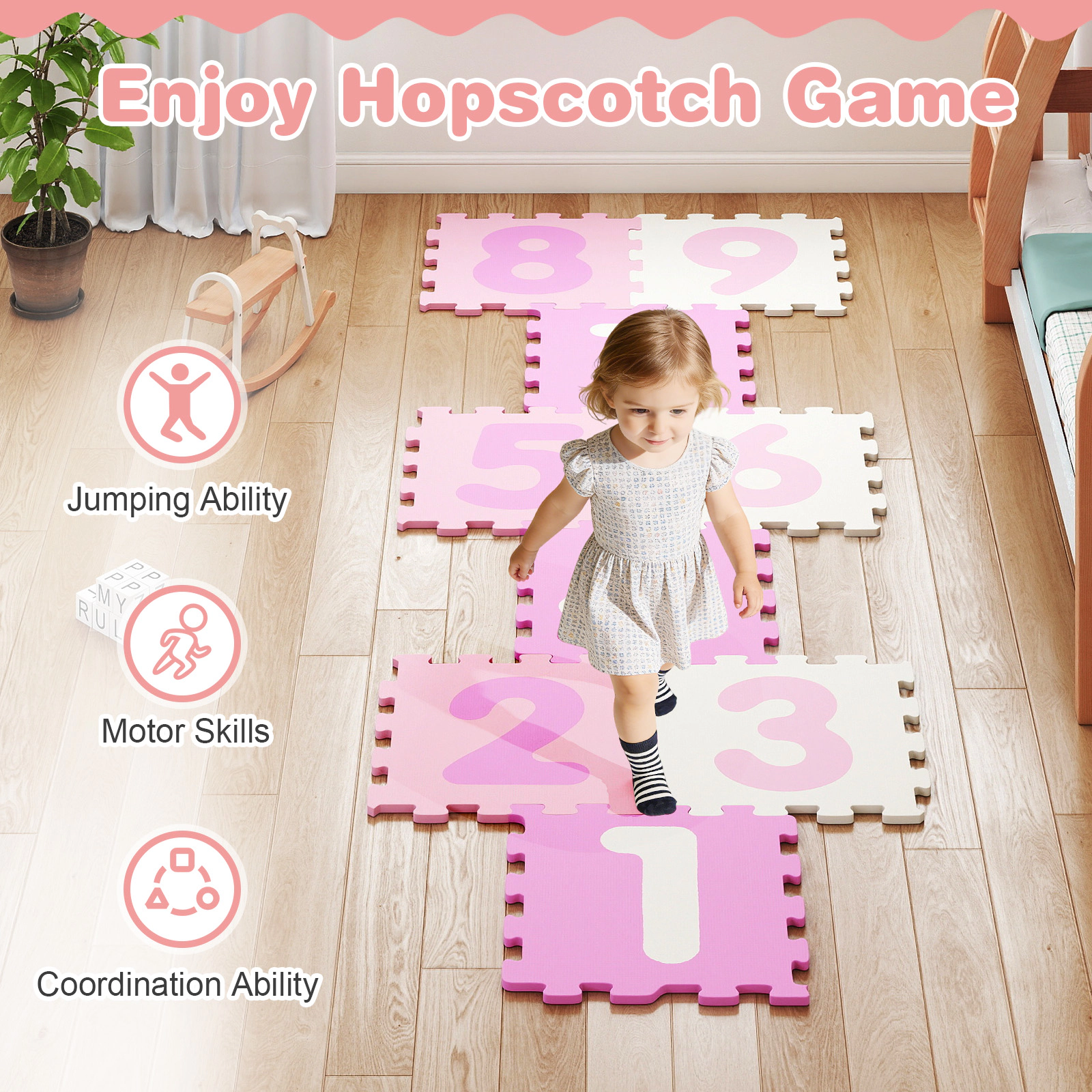 SUGIFT Kids Pink 9-Piece Interlocking Foam Hopscotch Play Mat with 3 Marker Discs 71.5-in W 24.5-in D 0.4-in H