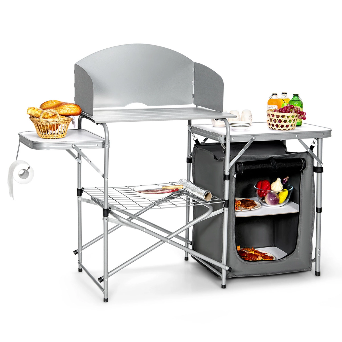 SUGIFT Foldable Camping BBQ Grilling Table with Windscreen and Storage Bag 46-lb Surface Capacity Brown/Gray