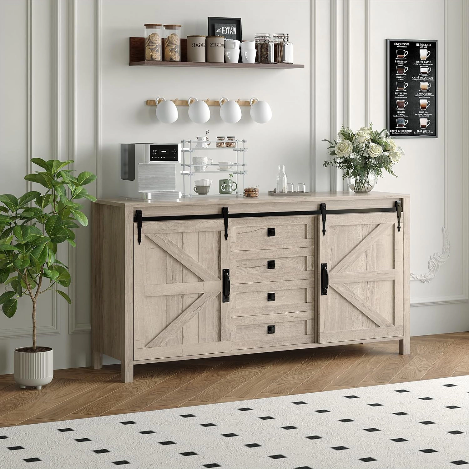 BebreezChic Farmhouse Sideboard Buffet Cabinet, Sliding Barn Doors, 4 Drawers, 60in