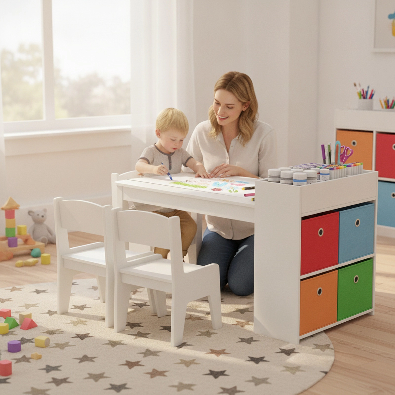 SUGIFT Kids Craft Table and 2 Chairs, White Activity Desk with Paper Roll Rack