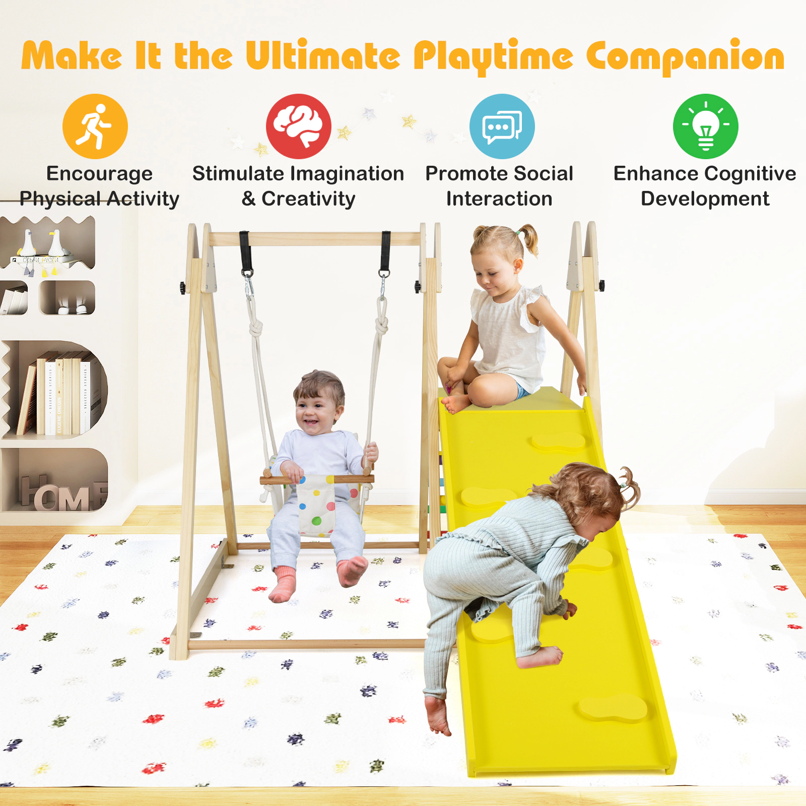 LJG 4-in-1 Indoor Jungle Gym with Baby Swing and Climbing Ramp