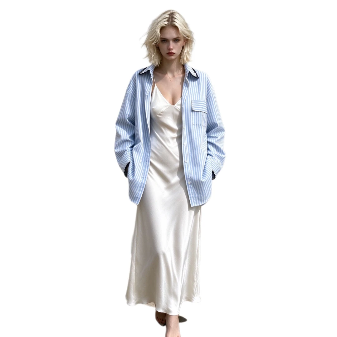 Coolmee Women's Striped Color Block Piping Loose Long Sleeve Shirt Jacket All Season