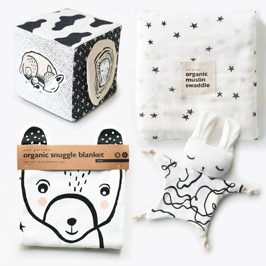 Wee Gallery Organic Baby Set - Bear Snuggle Blanket, Baby Animals Sensory Block, Stars Muslin Swaddle and Cuddle Bunny