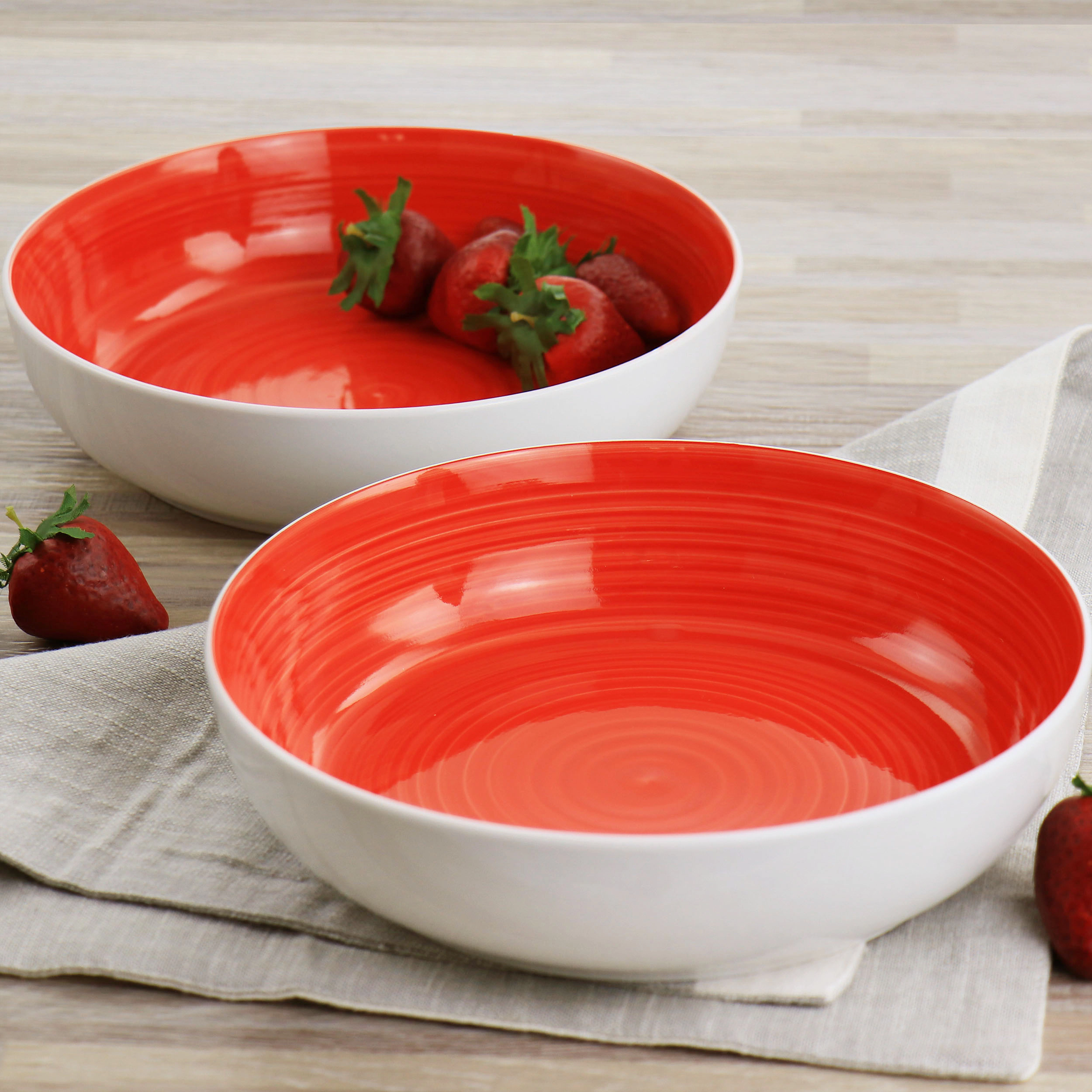 Gibson Home Crenshaw 8.5 Inch 2 Piece Stoneware Dinner Bowl Set in Red and White