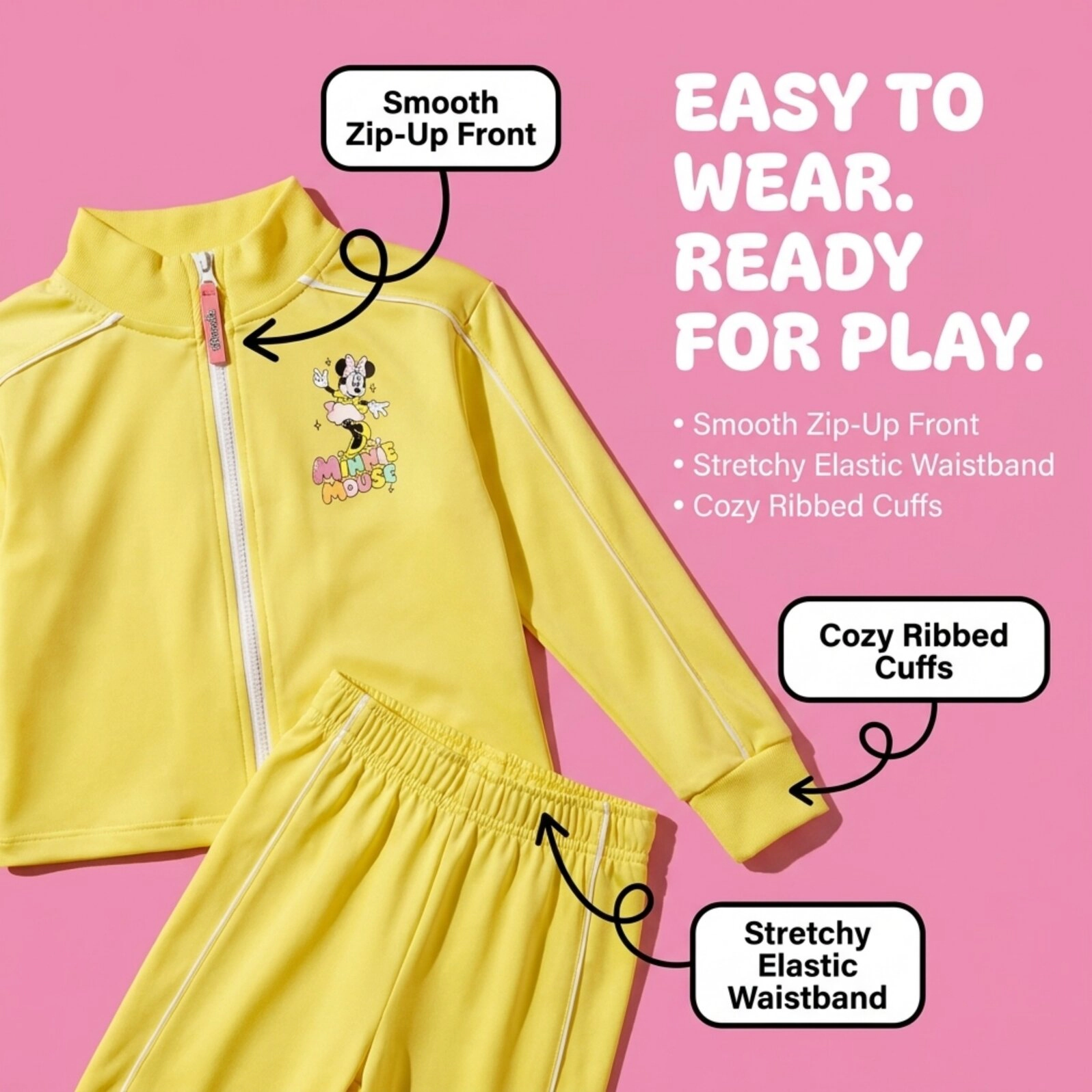 Disney Minnie Mouse Girls' Athletic Zip-Up Jacket and Pants Set