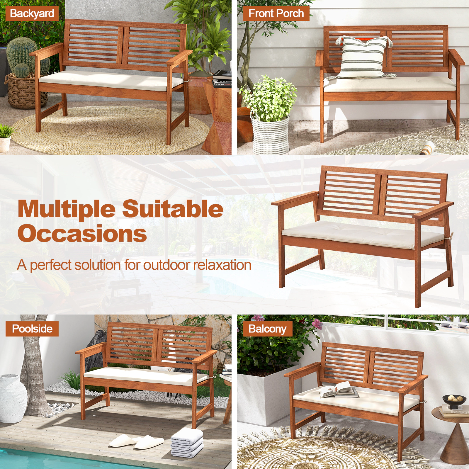 SUGIFT 43.5-in Solid Wood Outdoor Garden Bench with Backrest and Cushion, Natural