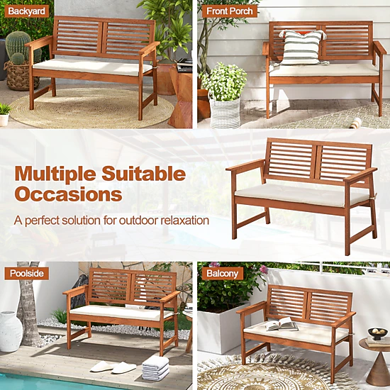 SUGIFT 43.5-in Solid Wood Outdoor Garden Bench with Backrest and Cushion, Natural