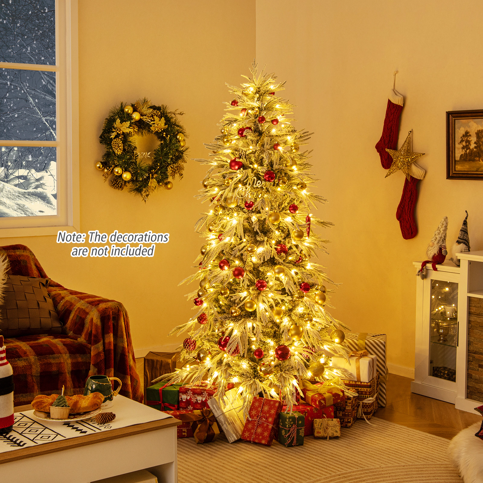 LJG Snow-Flocked Artificial Christmas Tree Pre-Lit Hinged Xmas Tree with Warm White LED Lights