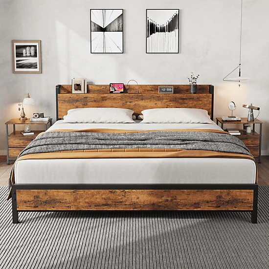BebreezChic King Bed Frame, Storage Headboard, 2-Tier Shelf, USB Charging Station, Heavy-Duty Industrial, Rustic Brown
