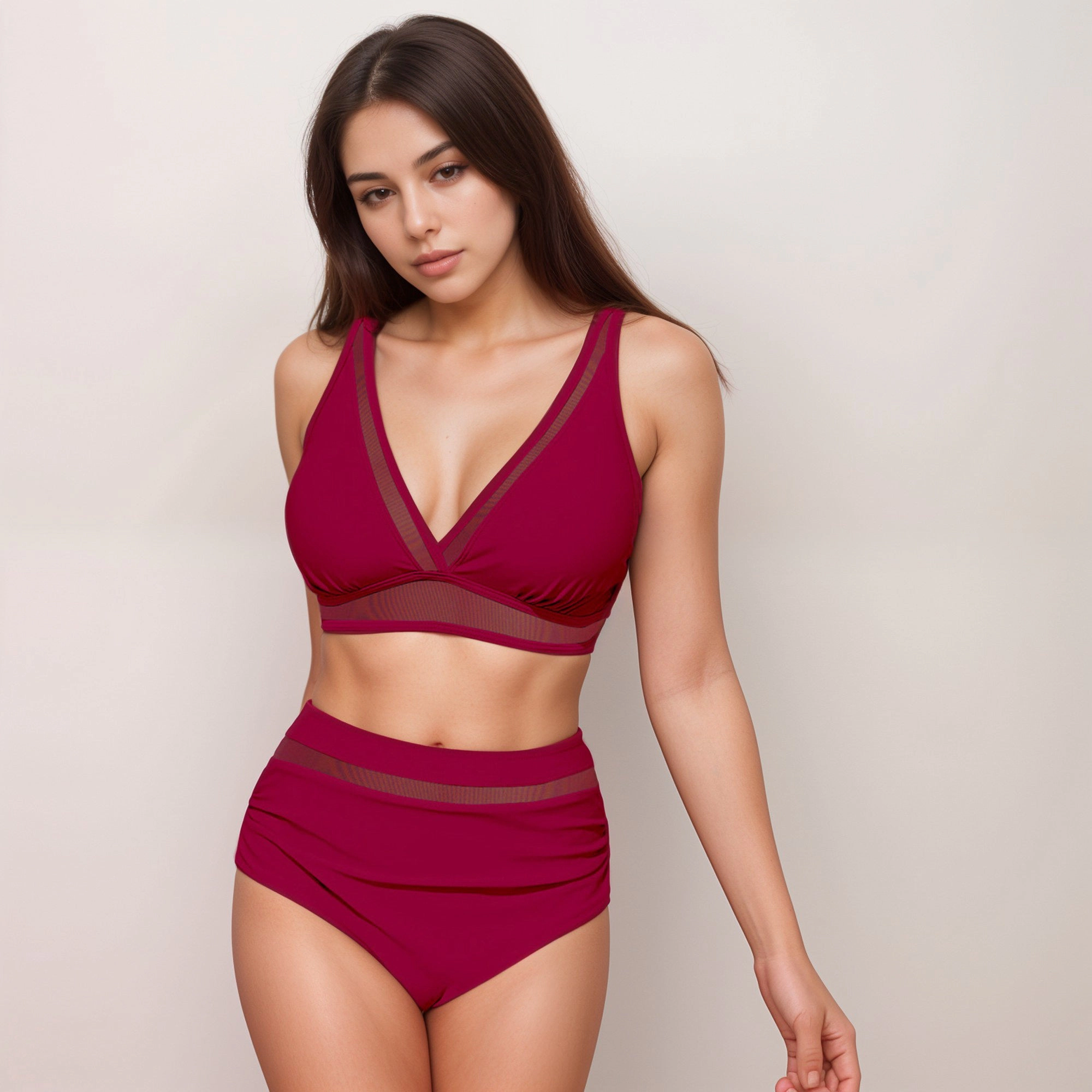 Anna-Kaci Womens Mesh Trim Deep V-Neck Two-Piece Swimsuit