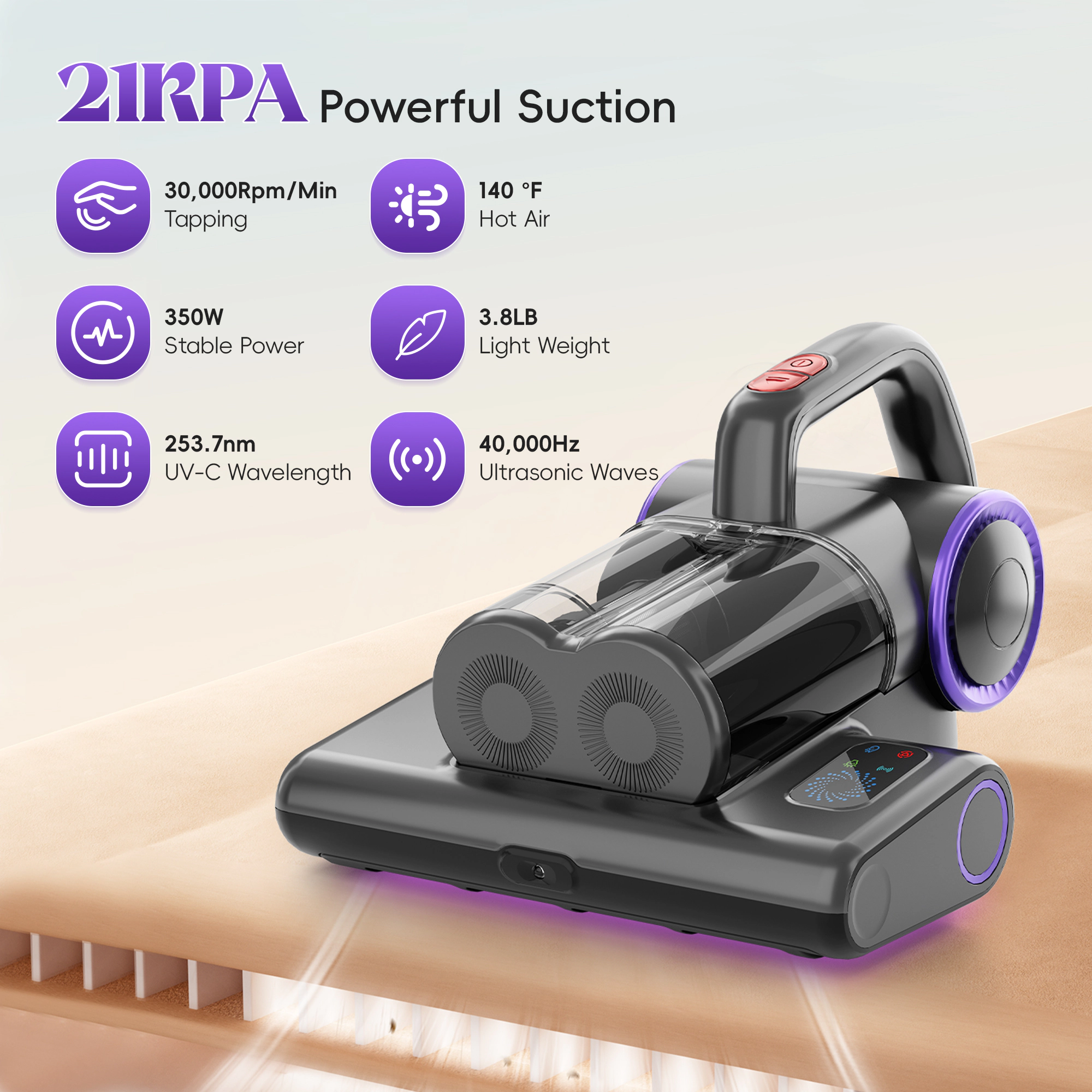 WHALL - 4-in-1 UV Mattress Vacuum Cleaner, 21KPa Anti-Mite Bed Vacuum with Hot Air & LED Display