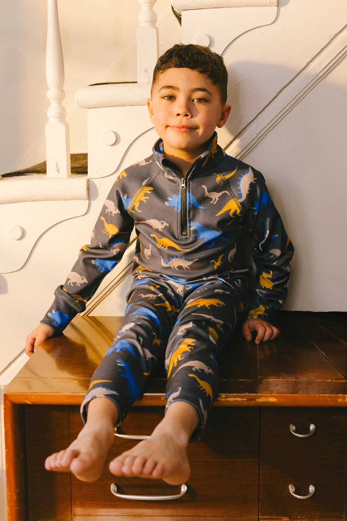 Deux par Boys Two Piece Dinosaur Print Half-Zip Thermal Underwear Top and Pants Set