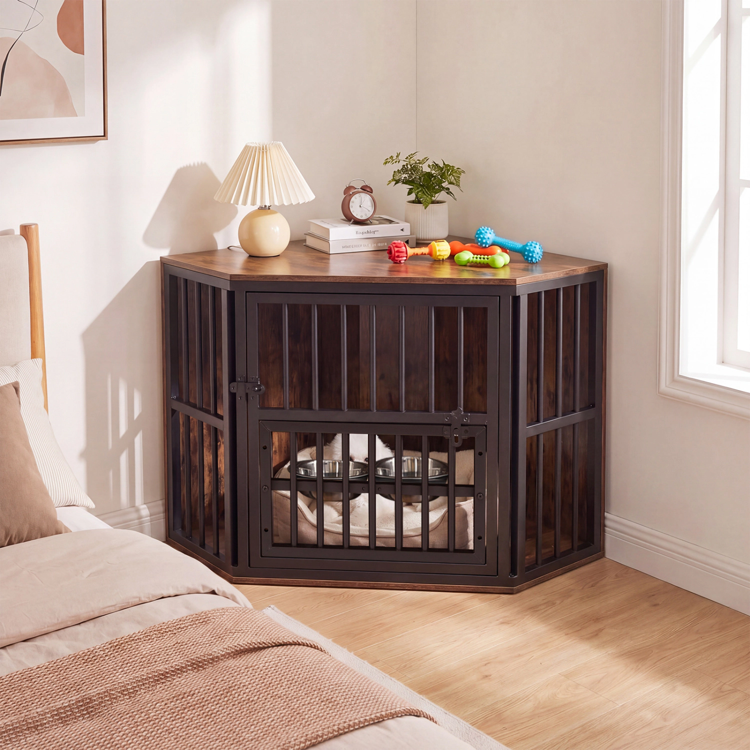 SUGIFT 35.5 in Dog Kennel End Table Rustic Brown with 3-Position Dog Bowl Rack and Corner Shape