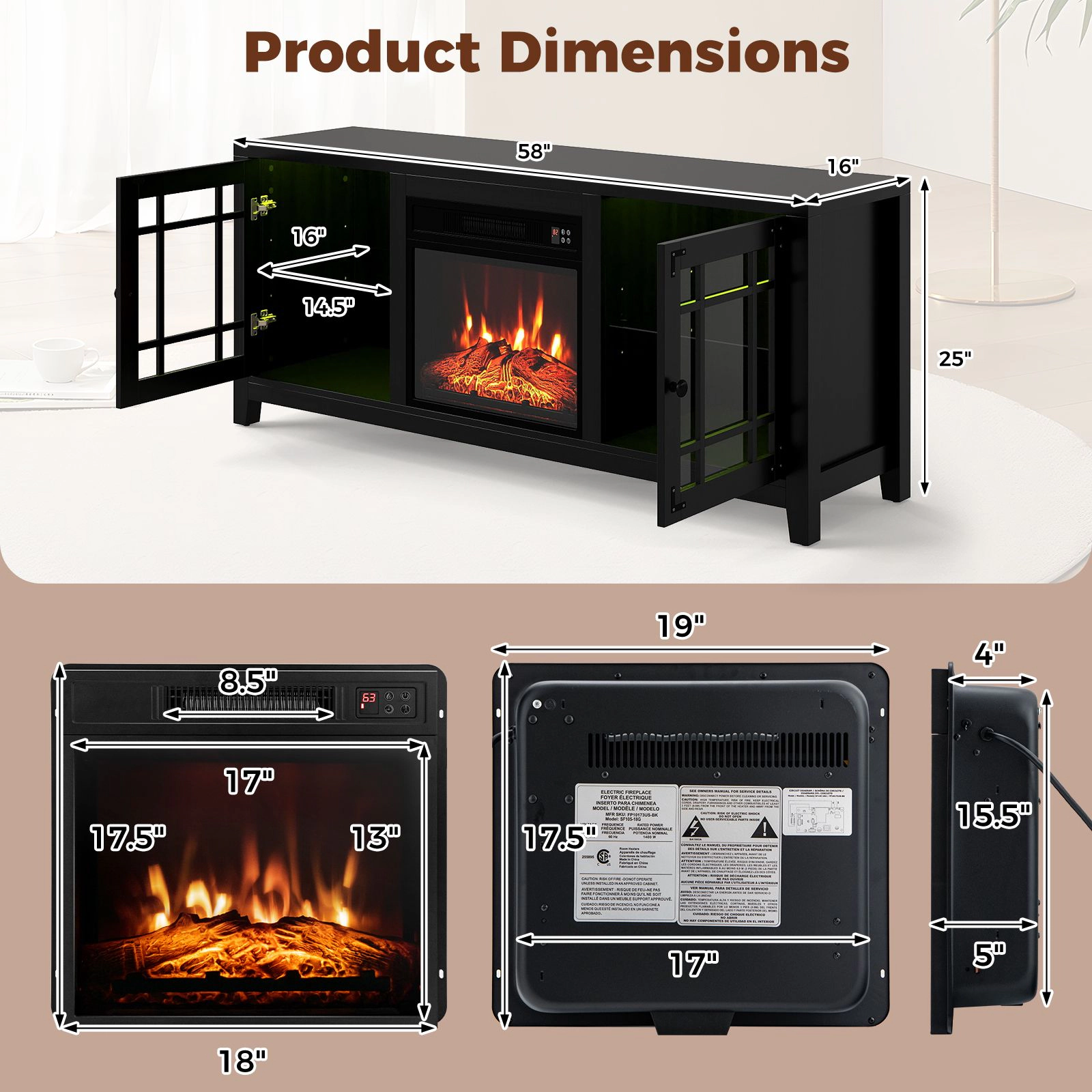 SlickBlue 58 Inch TV Stand with Electric Fireplace & LED Lights