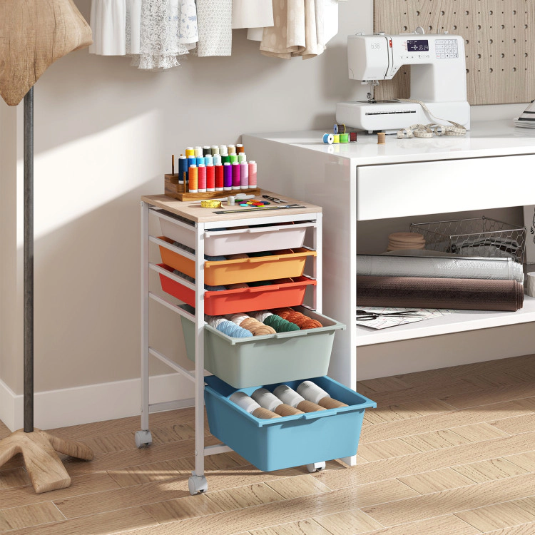 Hivvago 5-Drawer Rolling Storage Cart Mobile Utility Organizer with Wooden Tabletop and Lockable Wheels
