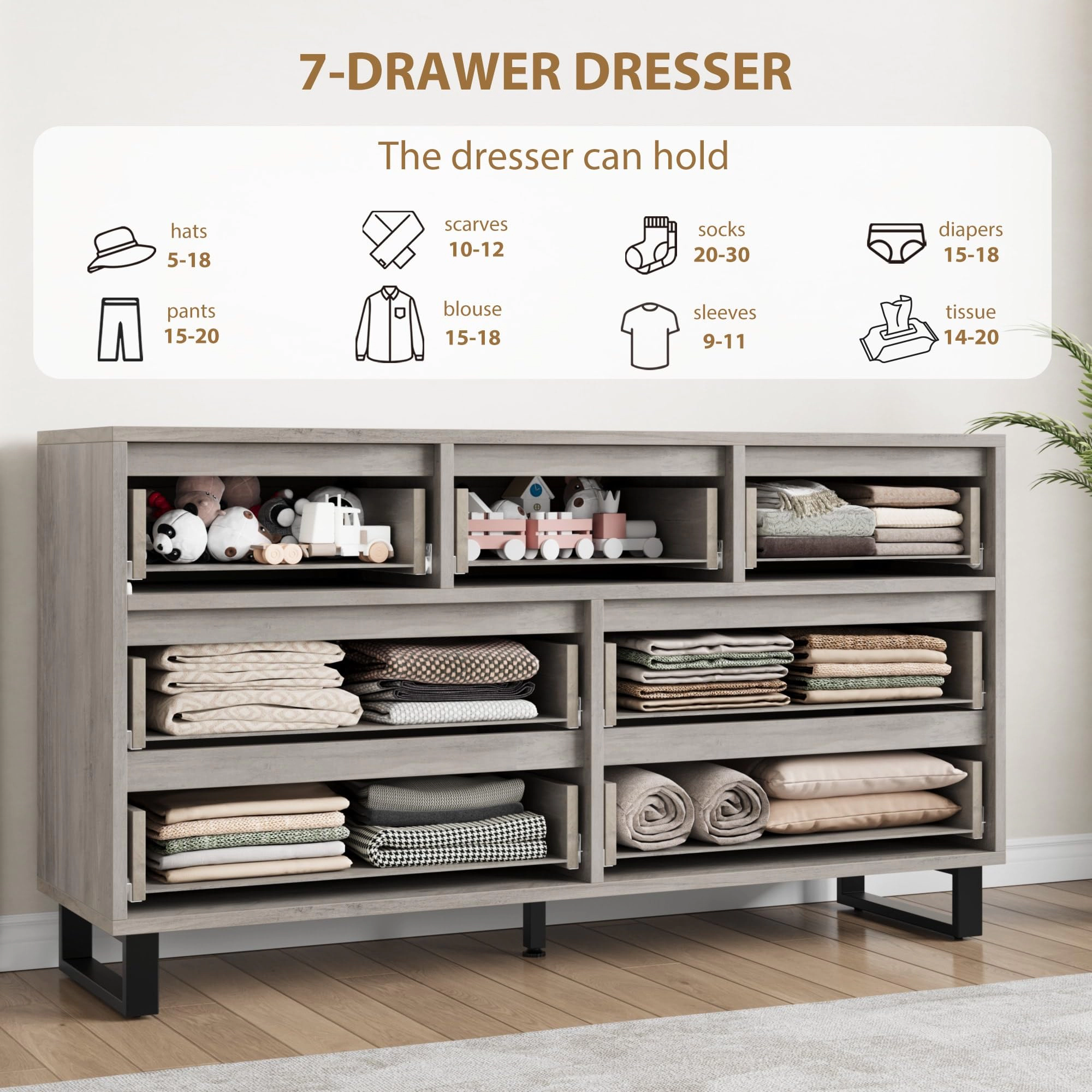 7 Drawer Dresser for Bedroom, 55" Wide Freestanding Wooden Storage Chest Living Room