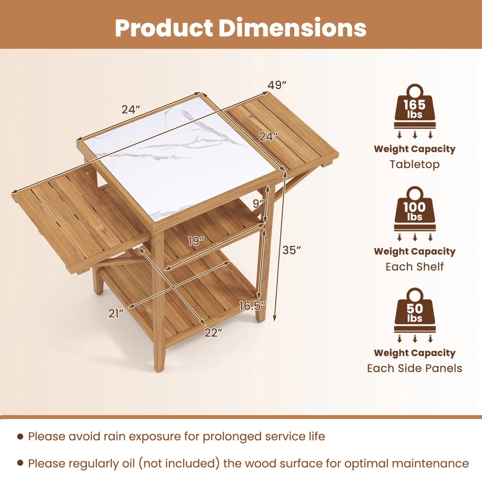 SUGIFT Outdoor Grill Table with Faux Marble Top and Drop-Leaf Side Panels 165-lb Tabletop Capacity Natural