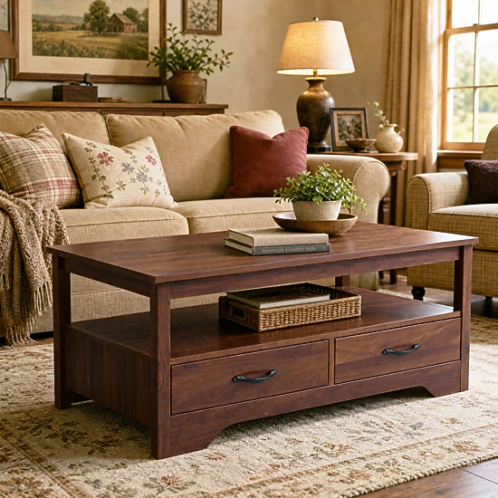 BebreezChic Farmhouse Coffee Table with 4 Drawers & Open Shelf – Light ...