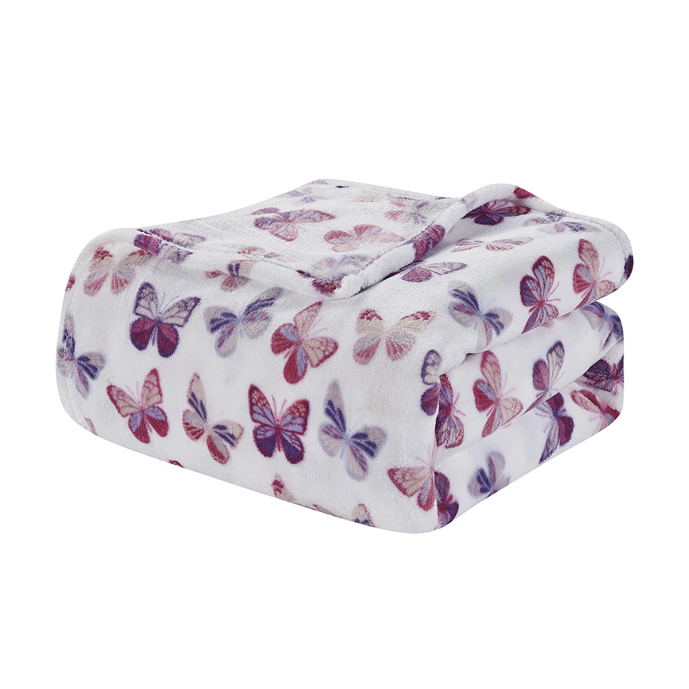 Plazatex Luxurious Ultra Soft Lightweight Rose Butterfly Printed Bed Blanket White/Purple 90" x 90"