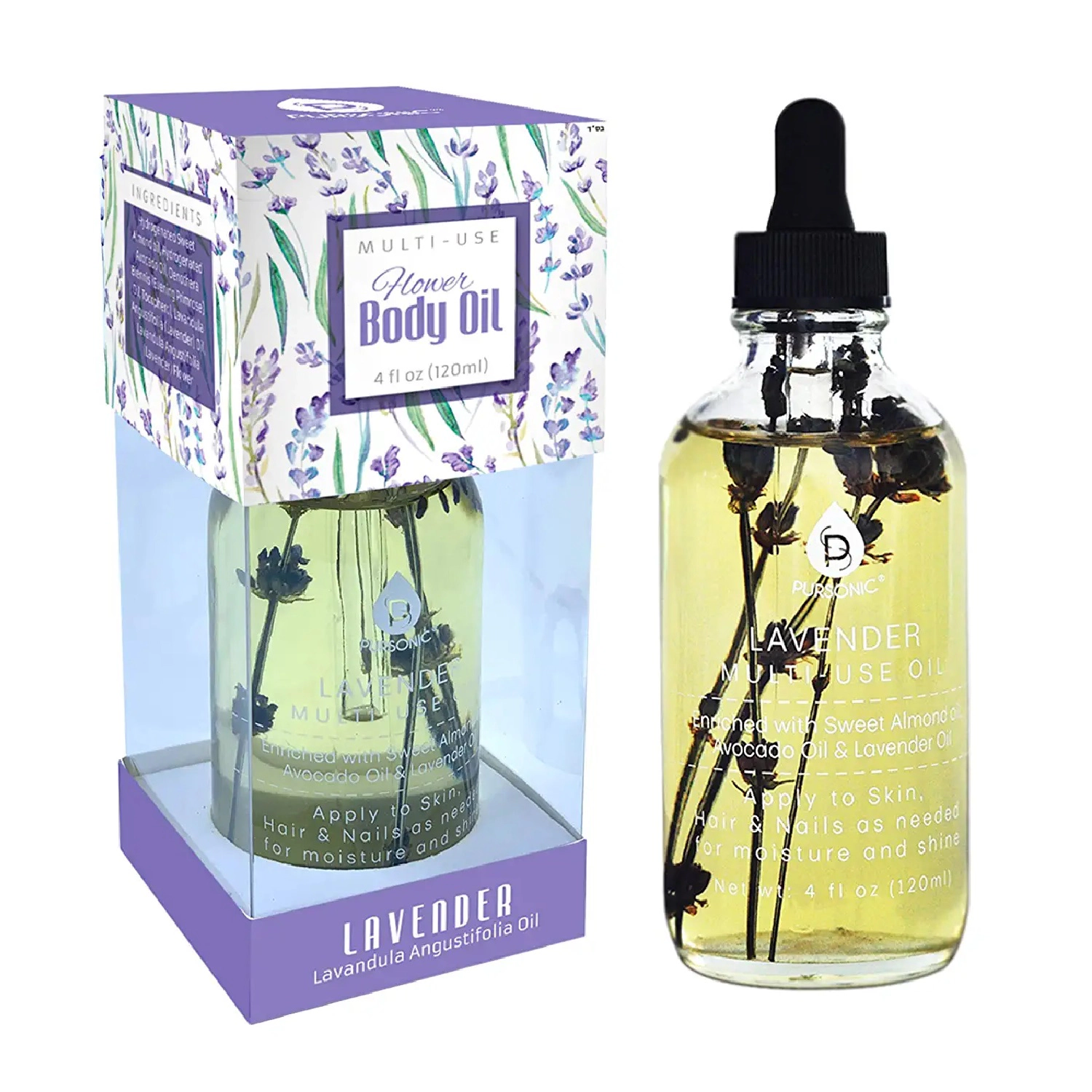 Pursonic Unisex Multi-Use Moisturizing Body Oil with Lavender Flower for Skin, Hair & Nails (4 oz)