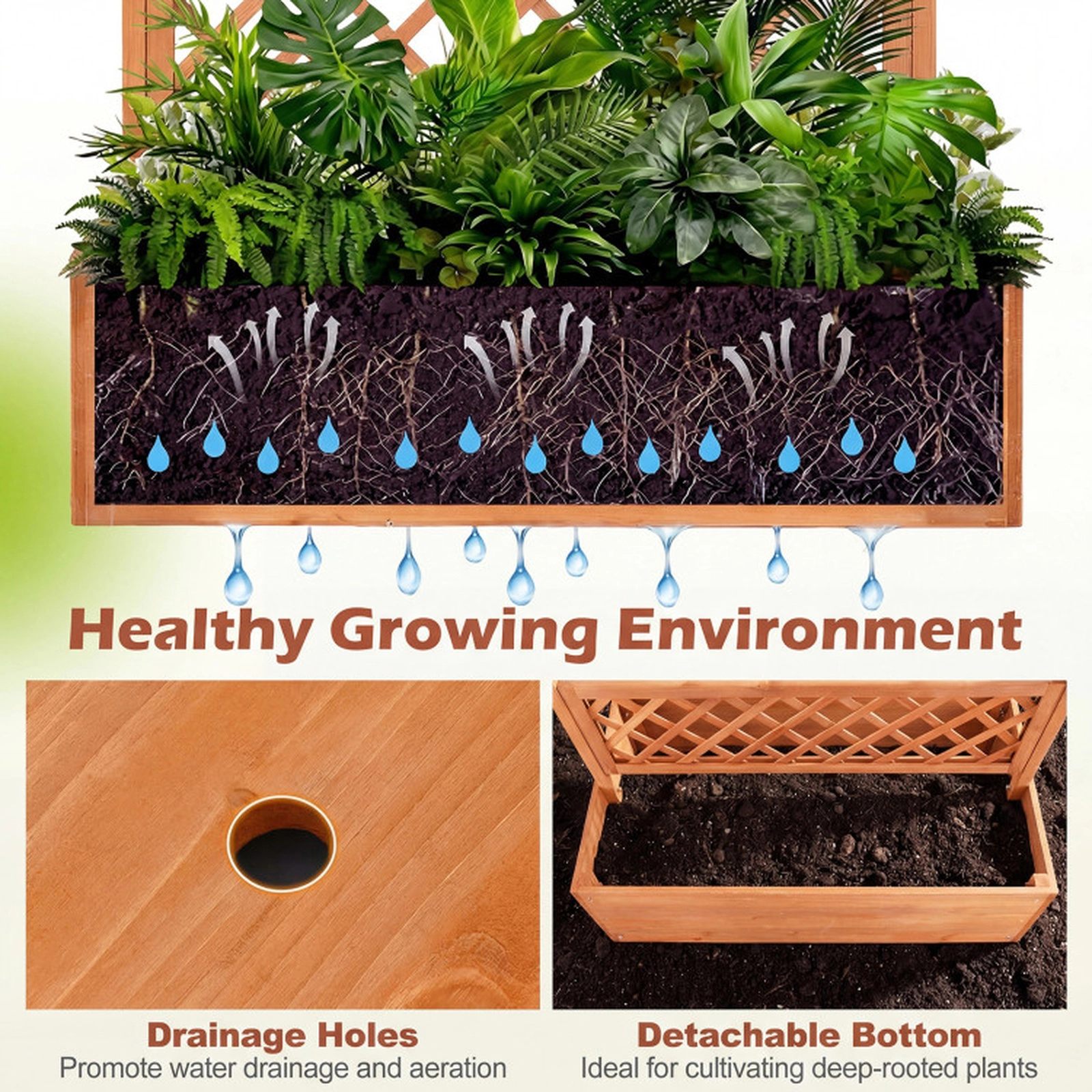 SUGIFT Orange Wood Planter Box with Lattice Trellis and Flat Roof 38-in W 20.5-in D 11-in H 130-lb Box Capacity