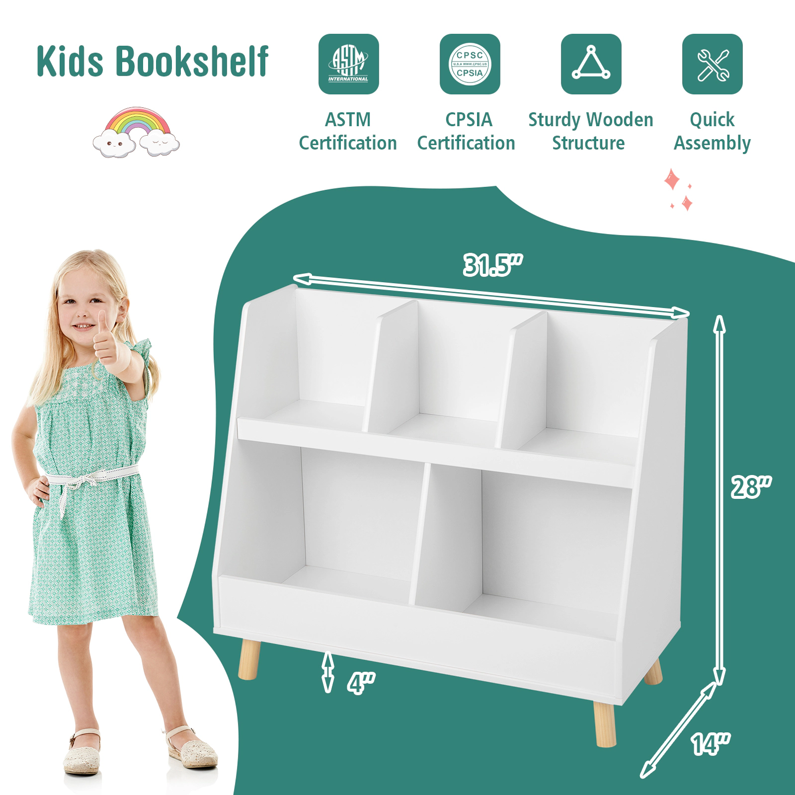 SUGIFT 5-Cube Kids Bookshelf and Toy Organizer with Anti-Tipping Kits 68-lb Capacity White