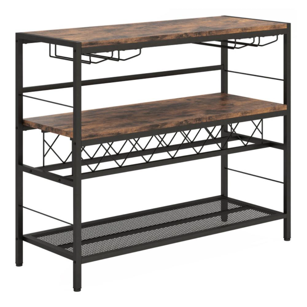 Hivvago 41 Inch 4-Tier Bar Table with Wine Rack and 4 Rows of Glass Holders-Rustic Brown