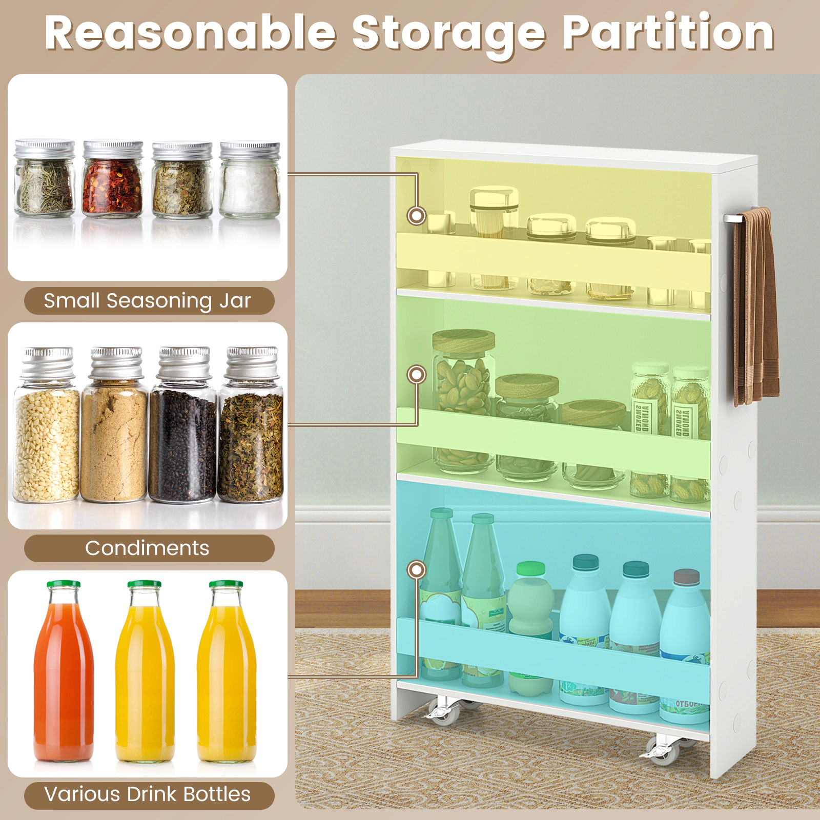 SUGIFT 3-Tier Off White Rolling Cart with Wheels Mobile Serving Trolley and Open Shelf Organizer