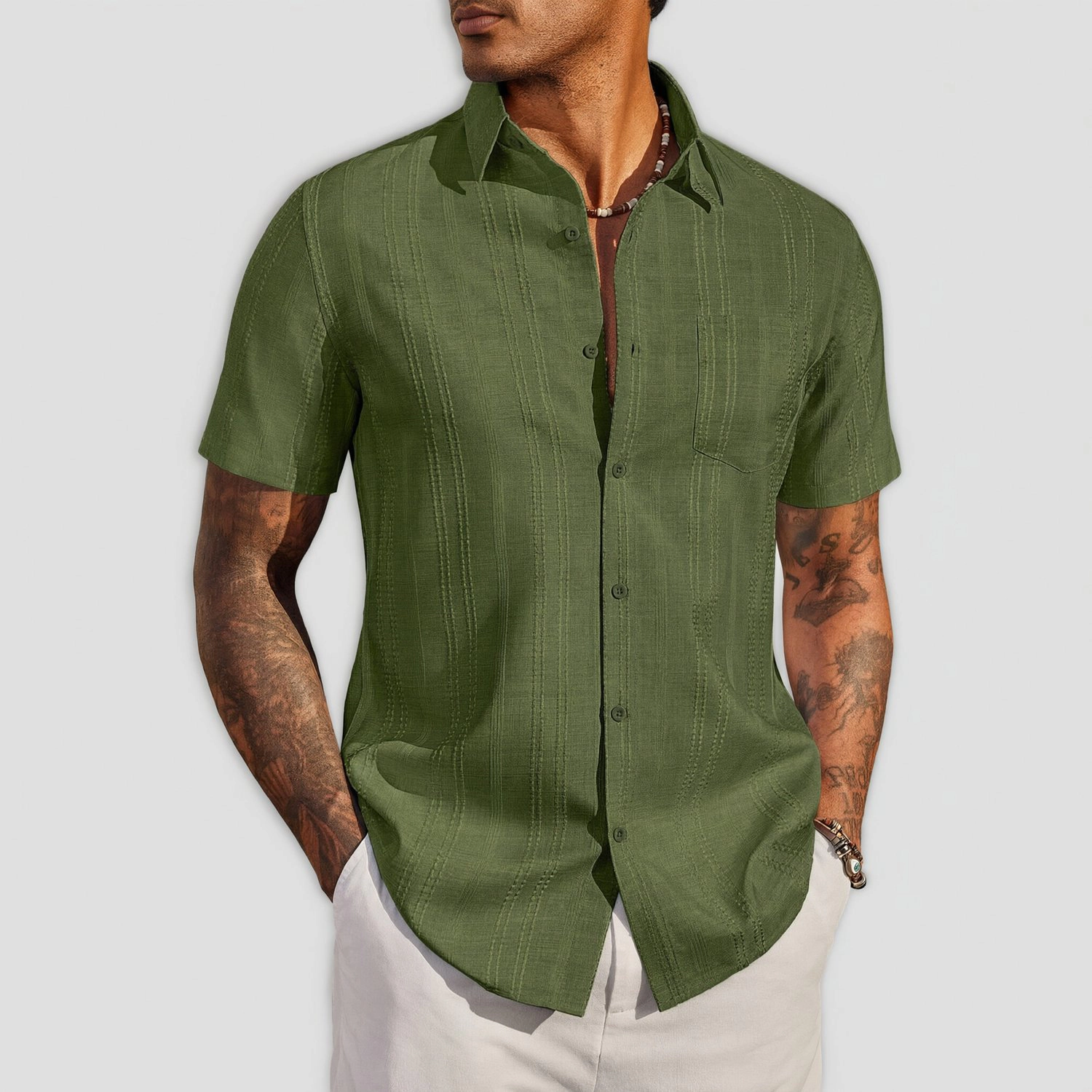 COOFANDY Mens Casual Short Sleeve Button Down Shirts Pleated Striped  Tops