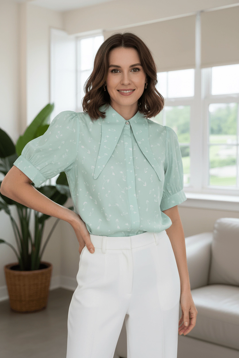 DressAtR Women's High Neck Long Collar Button Front Elbow Sleeve Blouse
