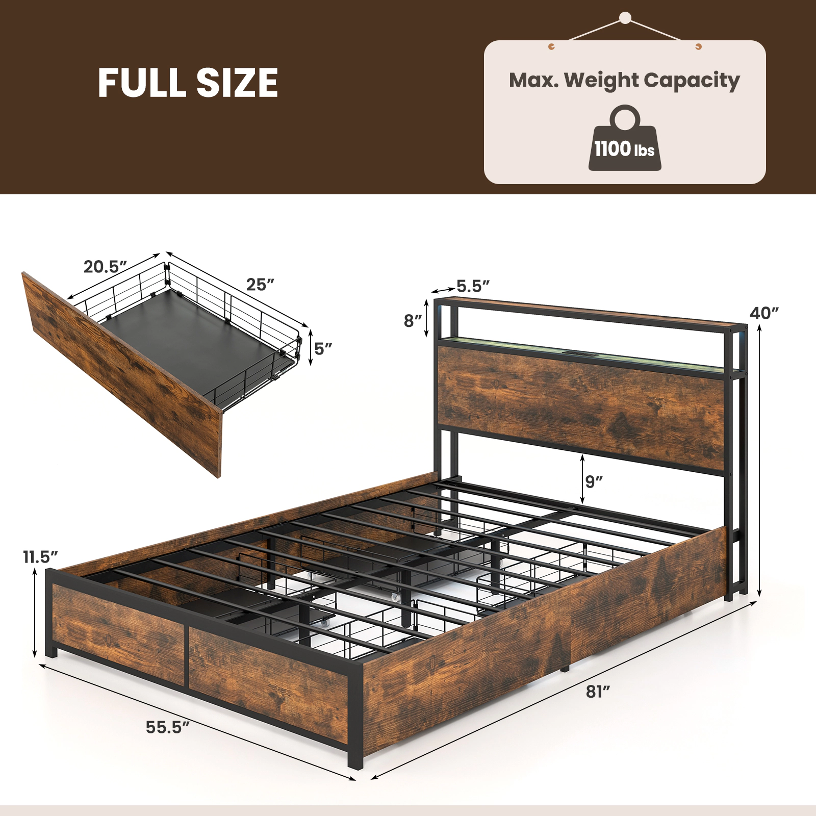SUGIFT Full Size Bed Frame with Smart LED Lights, Headboard Storage Shelves and 4 Drawers 1100-lb Capacity Rustic Brown