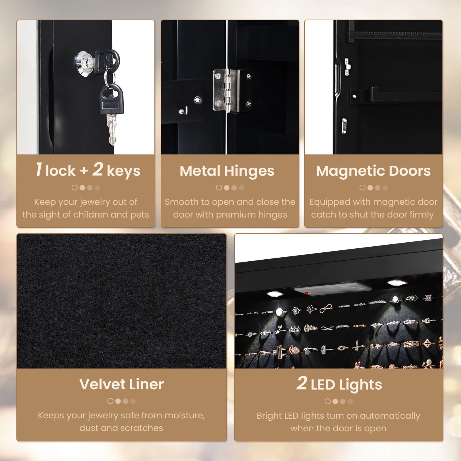 SlickBlue Large Jewelry Storage Cabinet with Full Body Mirror for Bedroom & Dressing Area