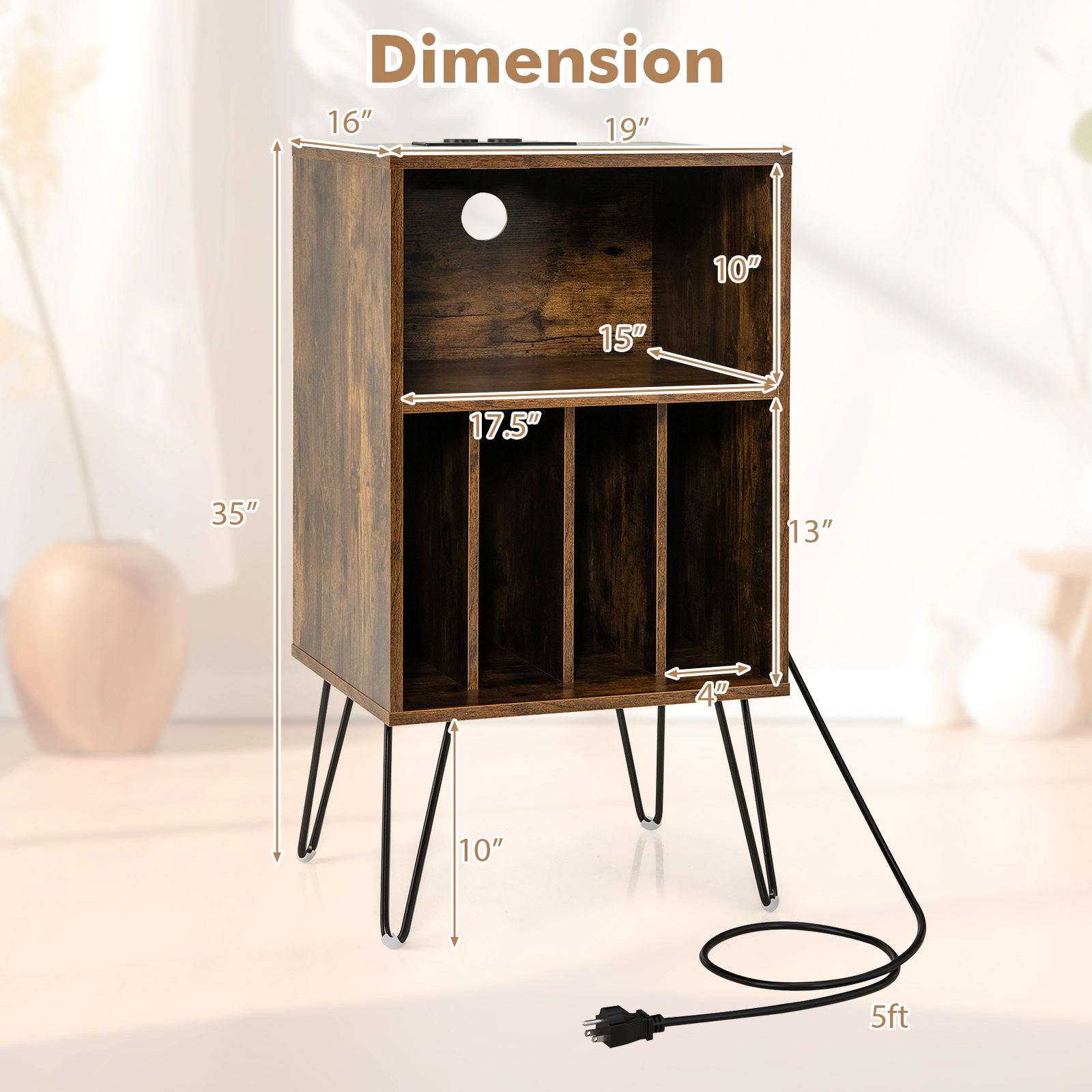 SUGIFT 3-Tier Record Player Stand with Charging Station Accent Table 110-lb Top Capacity Rustic Brown