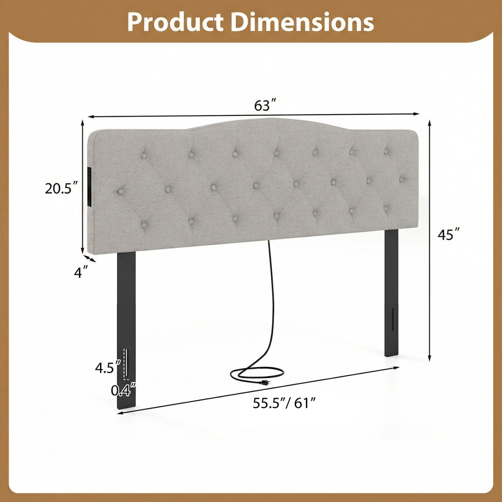 SUGIFT Tufted Upholstered Headboard Gray for Queen and Full Bed with 2 AC Outlets