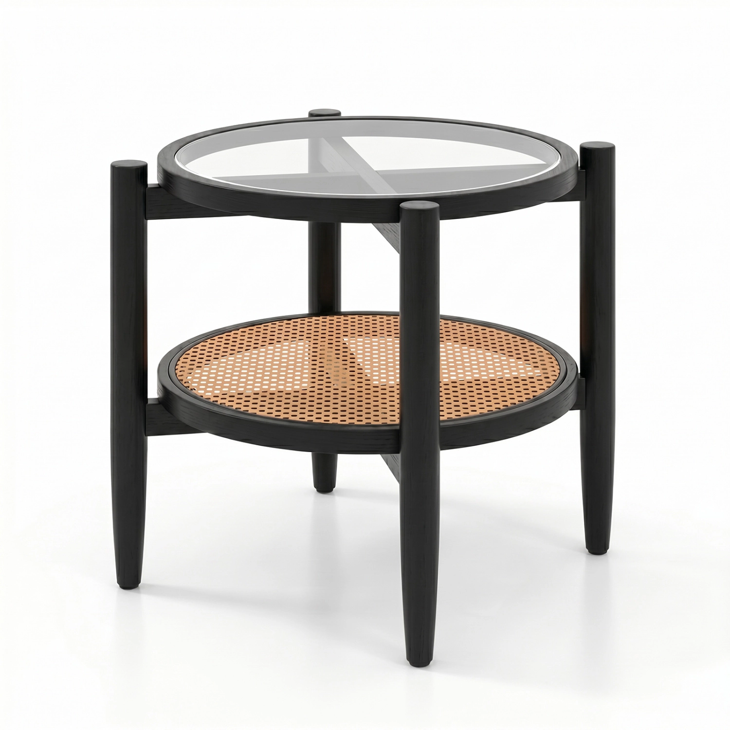 SlickBlue Round Rattan Side Table with Glass Top and Shelf