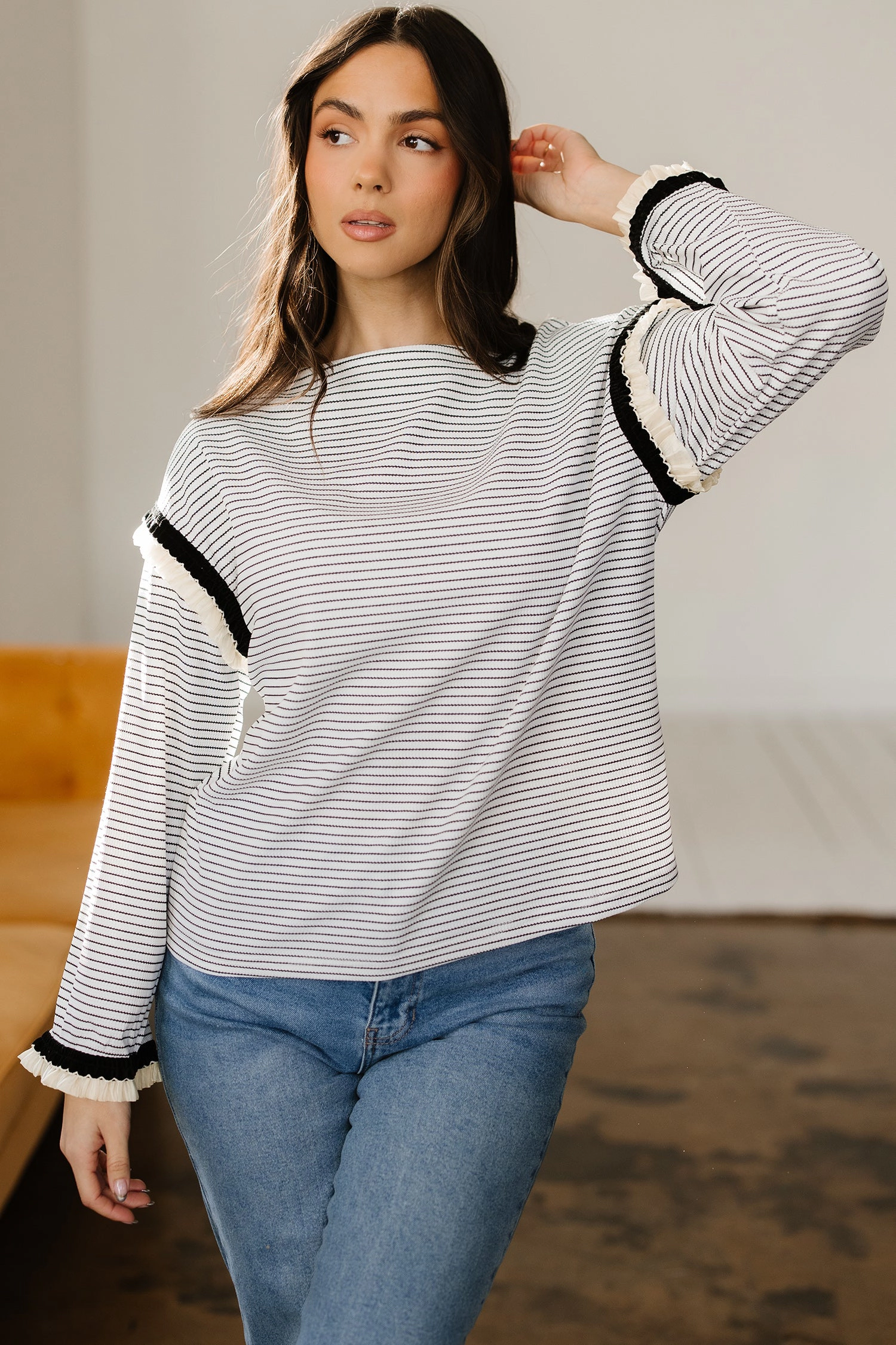 Threaded Pear Women's Anya Ruffle Trim Loose Long Sleeve Top