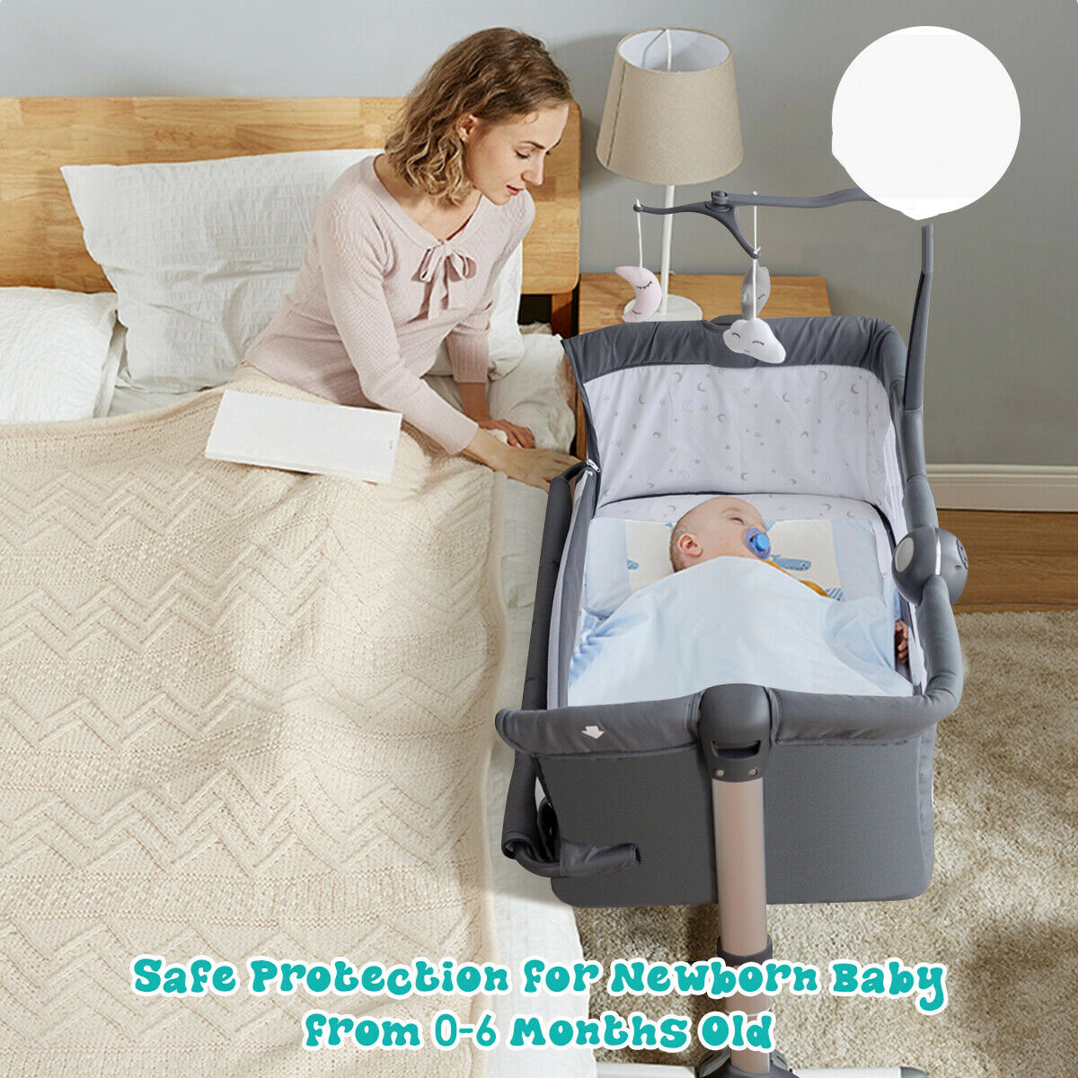 SlickBlue Gray Portable Bedside Bassinet with Adjustable Height and Mesh Sides
