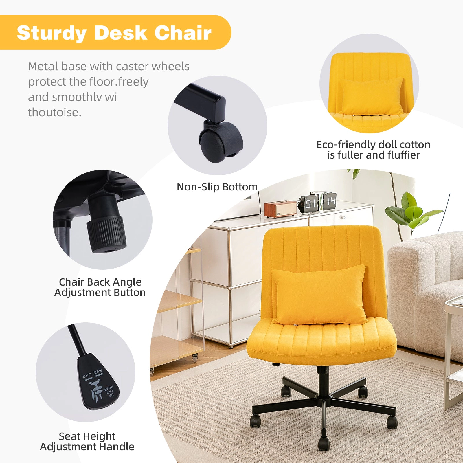 Platinum-Level Office Chairs Yellow Linen Criss-Cross Office Chair with Wheels, Ergonomic Comfort