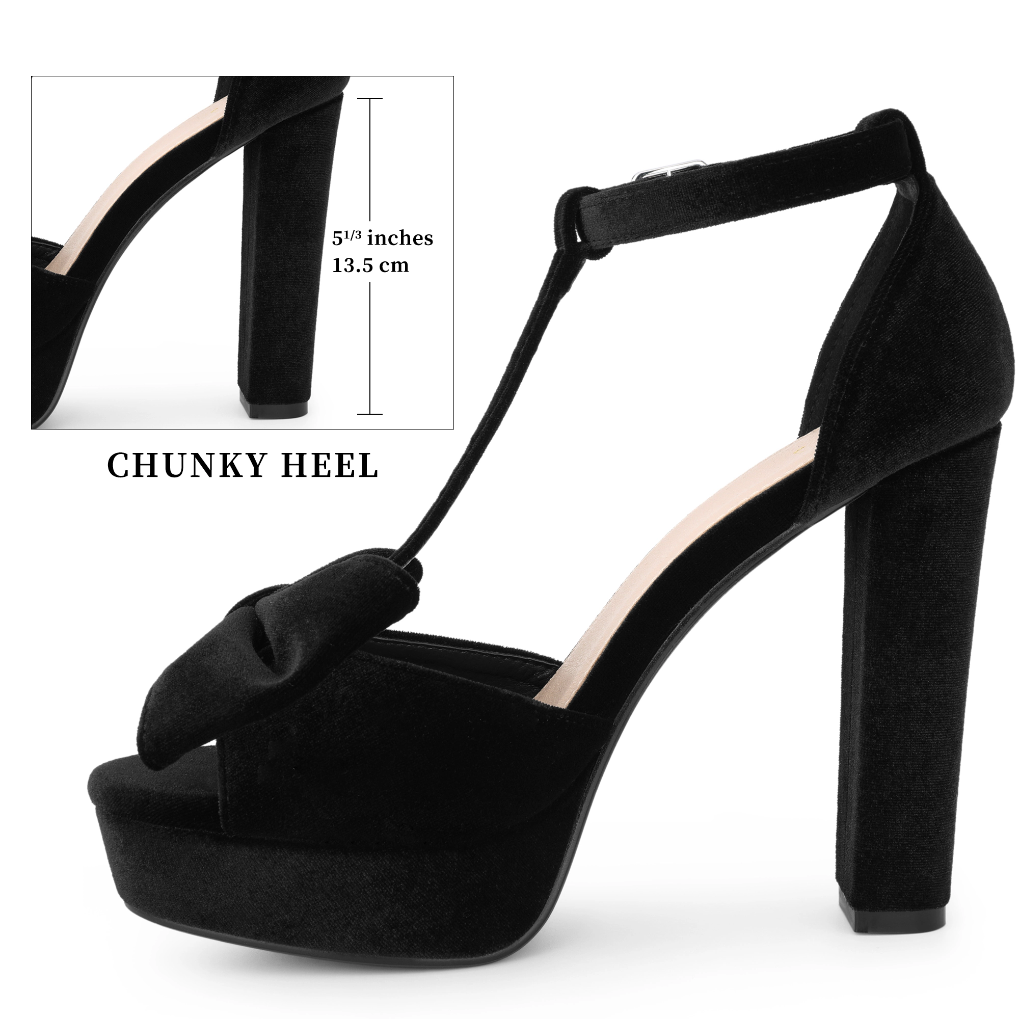 BLISSFUL STEP Women's Velvet Bow T-Strap Chunky High Heel Block Sandals